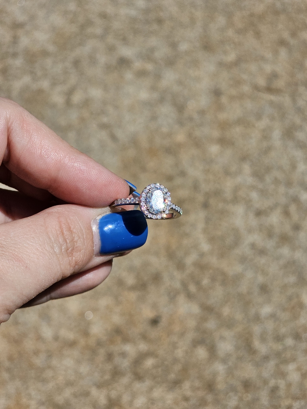Classic Silver Halo Oval Moissanite Engagement Ring S925 - Picture 6 of 8